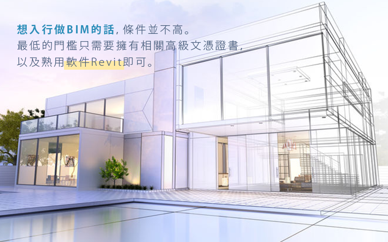 Jobsdb 文章配圖:建築物以 BIM 模型呈現,並註明入行最低門檻為高級文憑及熟用 Revit